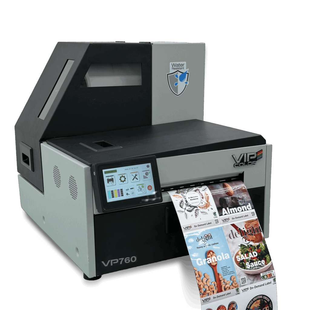 VIPColor VP760 Farbetikettendrucker mit Touchscreen und bedruckten Etiketten